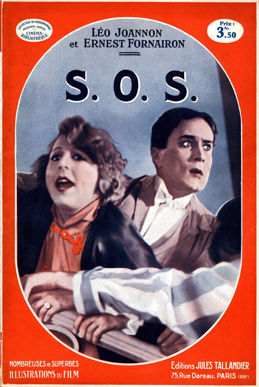 Kirjan kansi S.O.S. (SOS), jossa on kuva Carmine Gallonen samannimisestä elokuvasta. Kuva avunhuudon lyhenteestä, morseaakkoston hätämerkki tuli voimaan vuonna 1908. Painos Jules Tallandier (litho) tekijältä French School