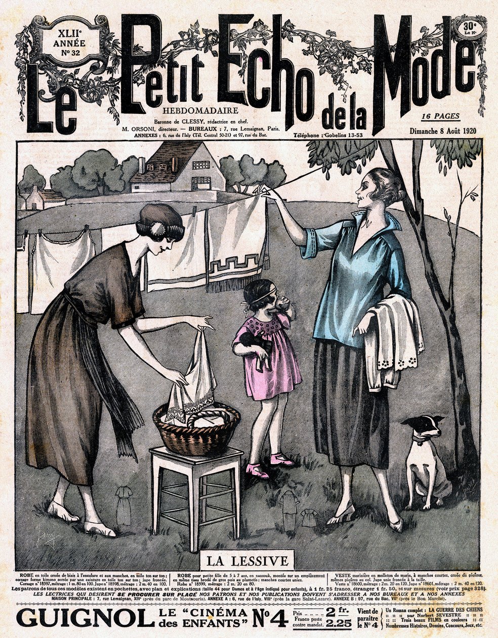 Sanomalehden "" Le petit echo de la mode "" kansilehti pesuaine - kaksi naista tytön ja koiran kanssa levittivät kuivumaan asetetut liinavaatteet langalle ulkona, nro 32 8.8. tekijältä French School