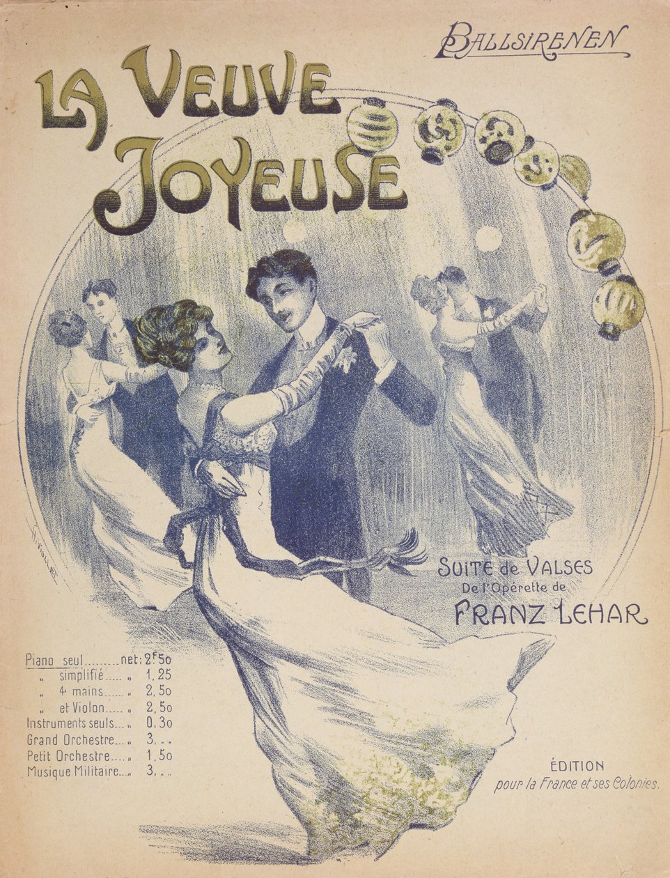Franz Leharin (1870-1948) The Merry Widow -elokuvan La Valse Ballsirenen -tulostaulun kansi tekijältä French School