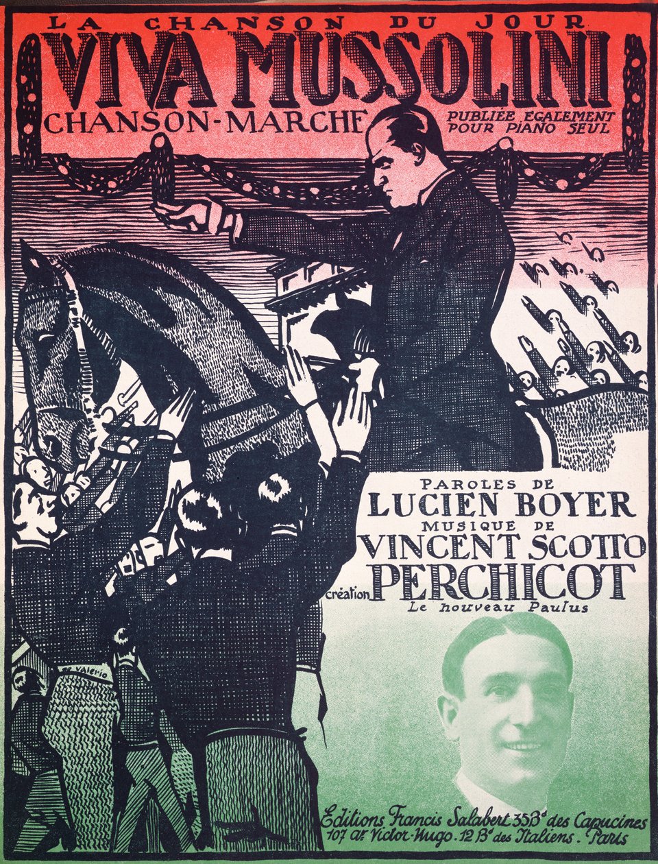 Kansi Vincent Scotton (1876-1952) ja Lucien Boyerin Viva Mussolinin nuottitaulusta, 1920-luku tekijältä French School