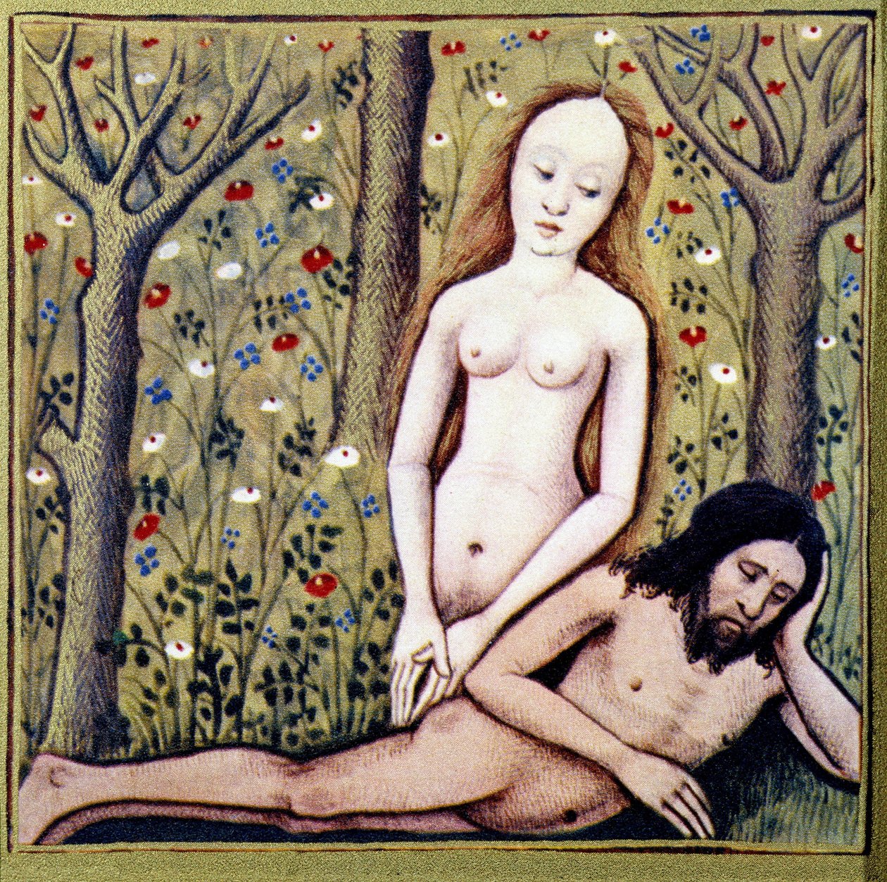 Aatamin reiden luominen Eeva - Boccacen "Des dames de renom" -teoksen mukaan, kromo. tekijältä French School
