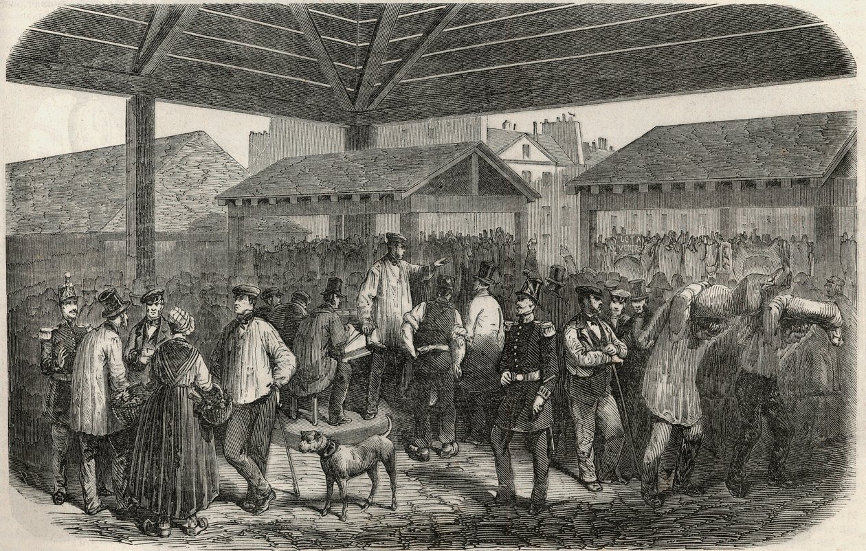 Valmistaa teurastamon lihaa rue des Prouvairesin torilla Pariisin 1. kaupunginosassa – Edmond Texierin 1852 kaiverrus Tableau-de-Parisissa tekijältä French School