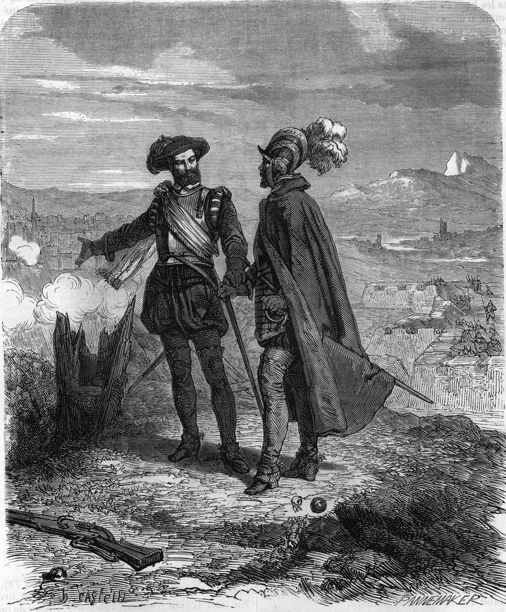 Crillon ja Maximilian of Bethune, Sullyn herttua, ranskalainen valtiomies ja Henrik IV:n neuvonantaja Savoyn piirityksen aikana (1600-1601). Teoksessa "" Histoire Populaire de la France"", kaiverrus 1800-luvulta. tekijältä French School