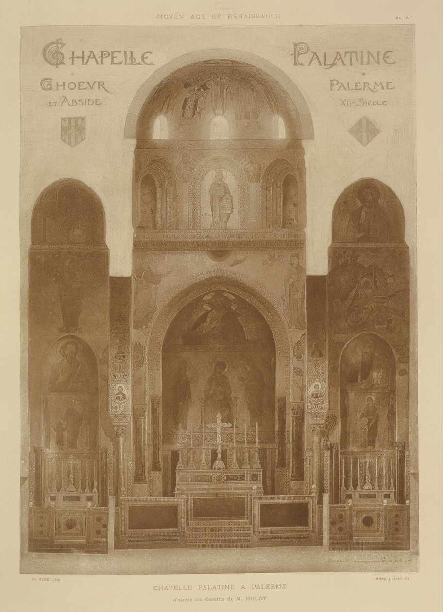 Poikkileikkaus Palatine-kappelin itäpäästä, Palermo, Sisili, Fragments dArchitecture du Moyen Age et de la Renaissance, kaiverruksesta Jules Adolphe Chauvet (s.1828) tekijältä French School