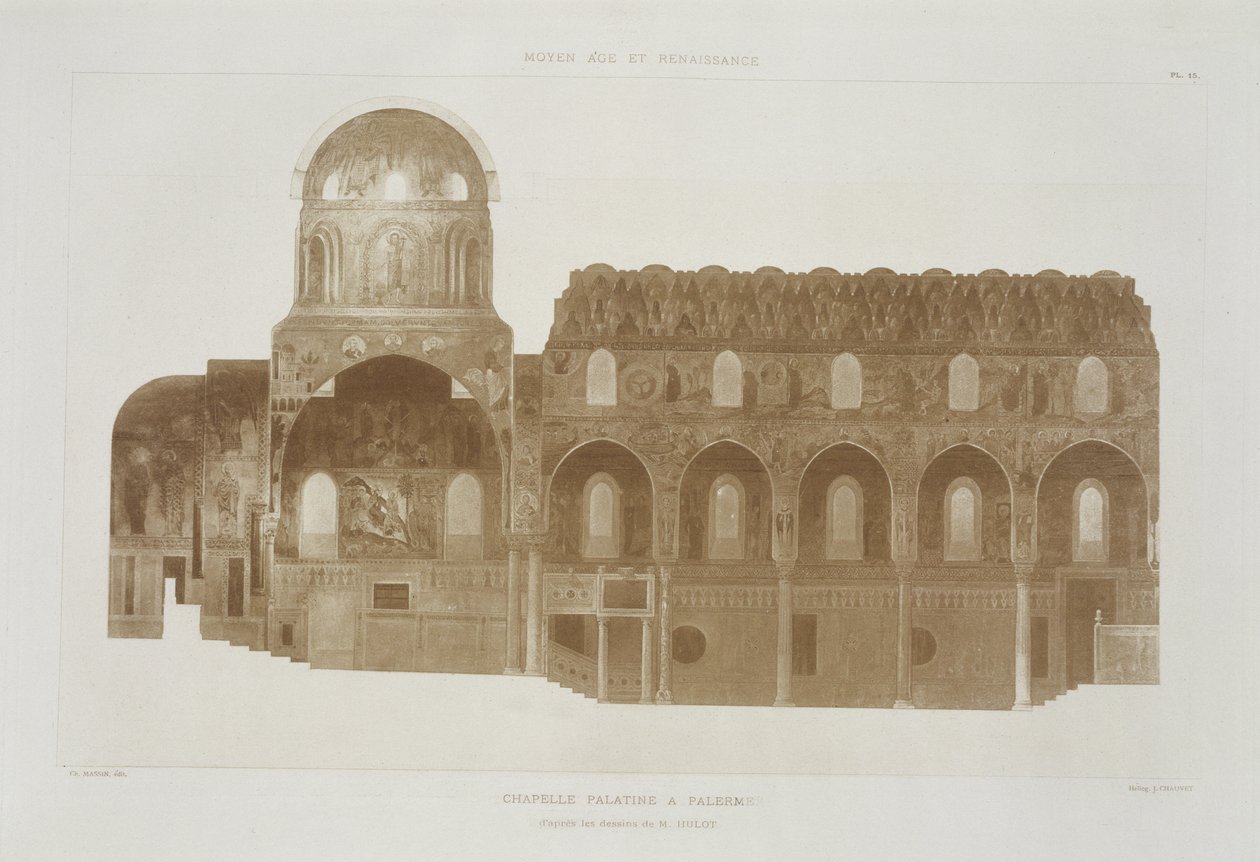 Poikkileikkaus Palatine-kappelista, Palermo, Sisilia, Fragments dArchitecture du Moyen Age et de la Renaissance, kaiverrus Jules Adolphe Chauvet (s.1828) tekijältä French School