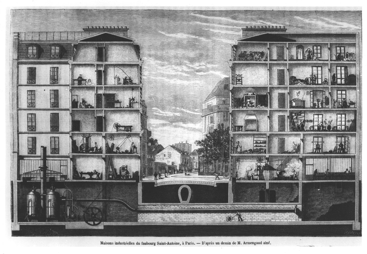 Poikkileikkaus teollisuustaloista Faubourg Saint-Antoinen kaupungissa Pariisissa, kuvitus Le Magasin Pittoresquesta, 1885 tekijältä French School