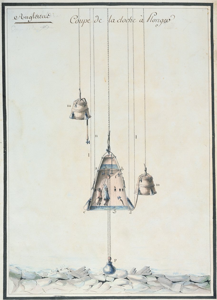Poikkileikkauspiirustus sukelluskellosta, 1785 (wc paperilla) tekijältä French School