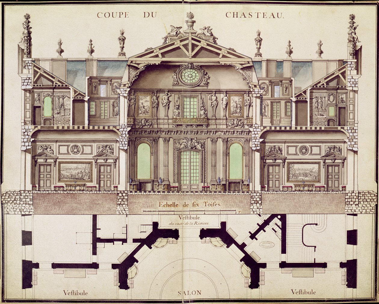 Chateau de Marlyn poikkileikkaussuunnitelma, 1714 tekijältä French School