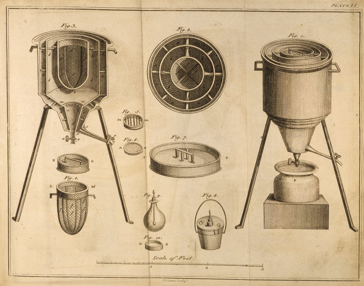 Poikkileikkaus tieteellisistä laitteista, Antoine Laurent de Lavoisierin (1743-94) teoksesta The Elements of Chemistry, kaiverrus D.Lizars, 1796 tekijältä French School