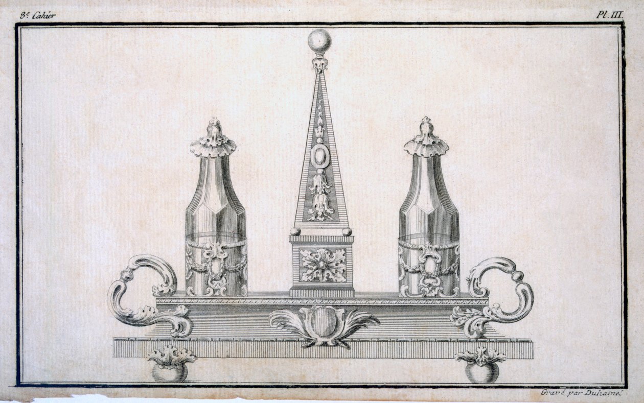 Cruet-setti jalustalle Duhamelin koonnutta uusklassista metallityötä sisältävästä mallikirjasta, n. 1770-80-luvut tekijältä French School