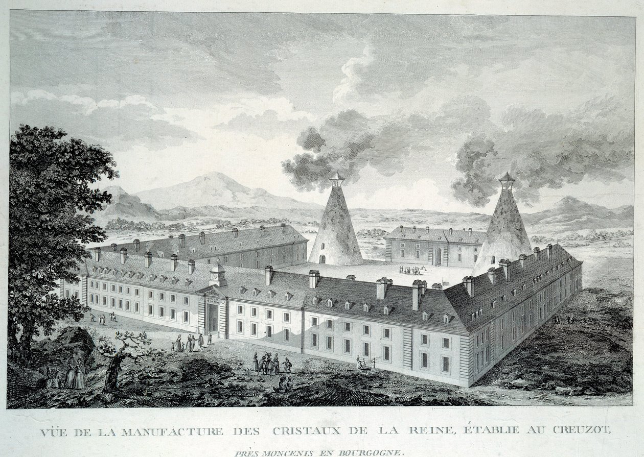 Kuningatar Marie Antoinetten kristallitöitä Creusotissa lähellä Moncenisia Burgundiassa. Kaiverrus vuodelta 1787. Le Creusot, Ecomusee tekijältä French School
