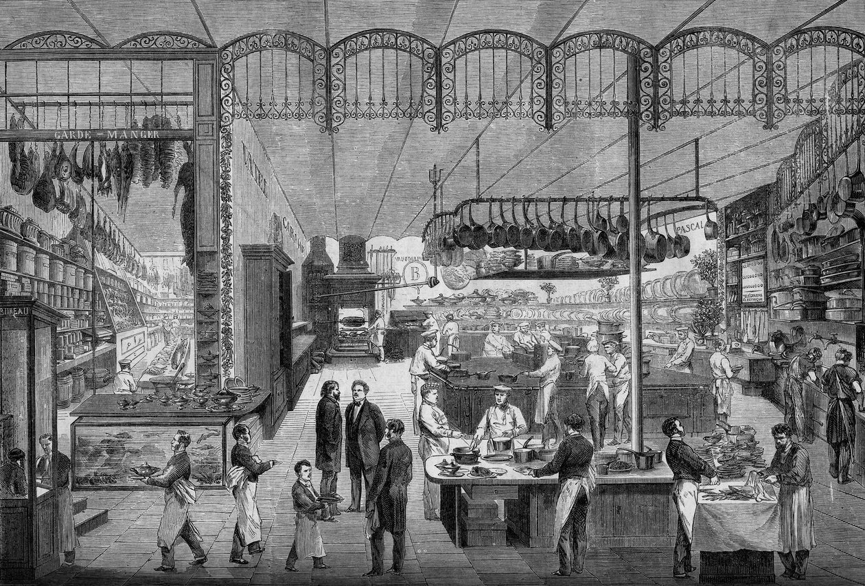Kokit ja tarjoilijat töissä Café Richen keittiöissä, Pariisissa, 1866. Kaiverrus ""Le Monde Illustre" -julkaisussa nro 499 3.11.1866. tekijältä French School