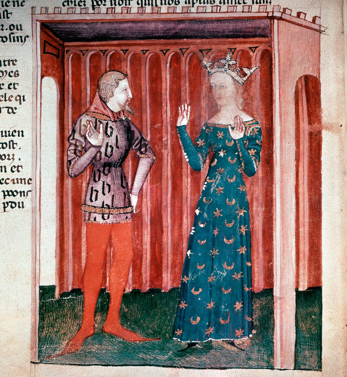 Kuningas Arthurin sykli: Knight Lancelot du Lac ja kuningatar Guenievre. Miniatyyri käsikirjoituksesta "" La quete du saint grail"" (ms. fr 343 fol. 6) 1380-1385 Paris B.N. tekijältä French School