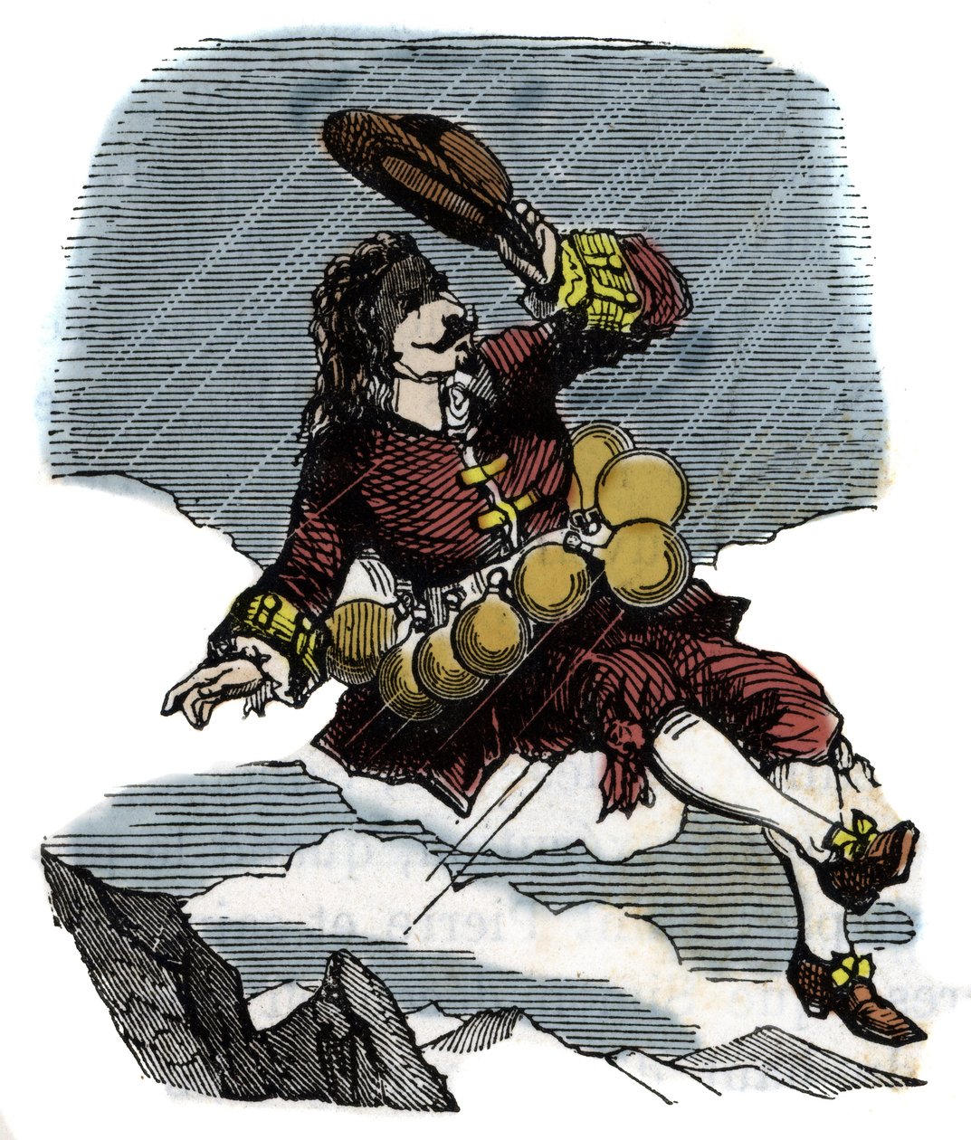 Cyrano de Bergerac kohoaa taivaalle ruusupullojen ja matkan kuuhun ansiosta, esimerkki Hercules Savinien Cyrano de Bergeracin (1619-1655) romaanista: ""Toinen maailma"" tekijältä French School