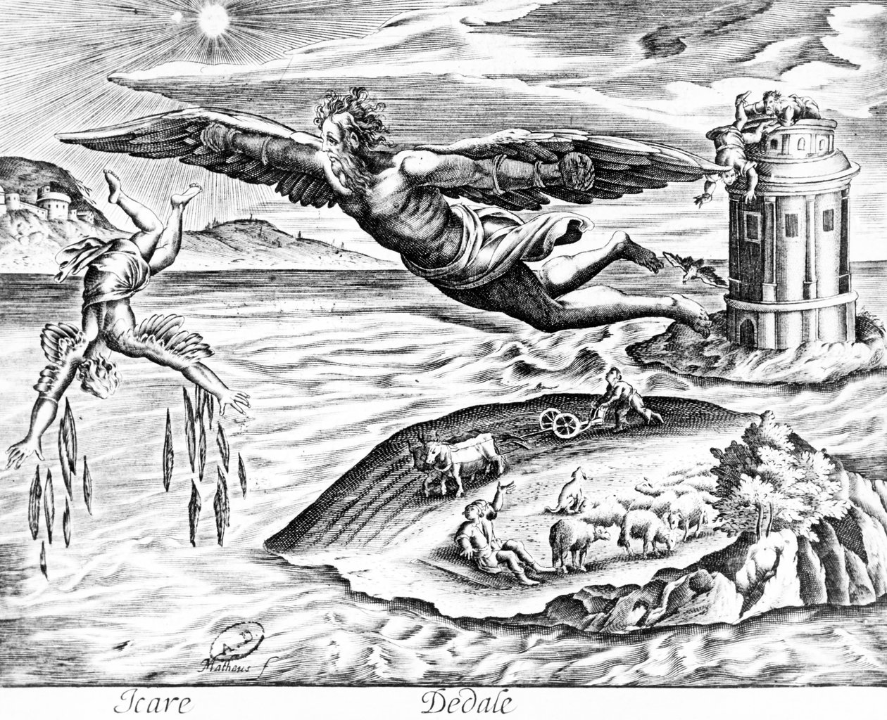 Daedalus pakenee Kreetalta poikansa Ikaruksen kanssa, näkee tämän putoavan kuoliaaksi, 1619 tekijältä French School