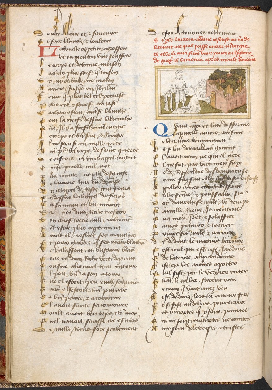 Dame Oiseuse päästää rakastajan sisään Nautintojen puutarhan ovista, Le Roman de la Rosesta c. 1400. tekijältä French School