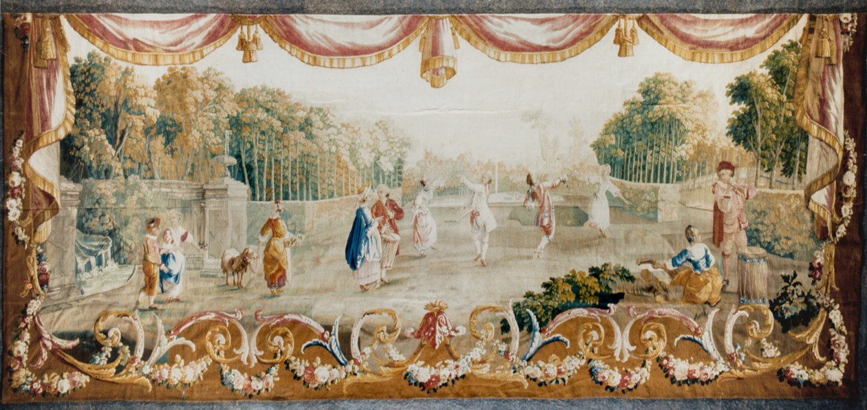 Dance in a Park, Aubusson Tapestry Workshop, n. 1782 (villa ja silkki) tekijältä French School
