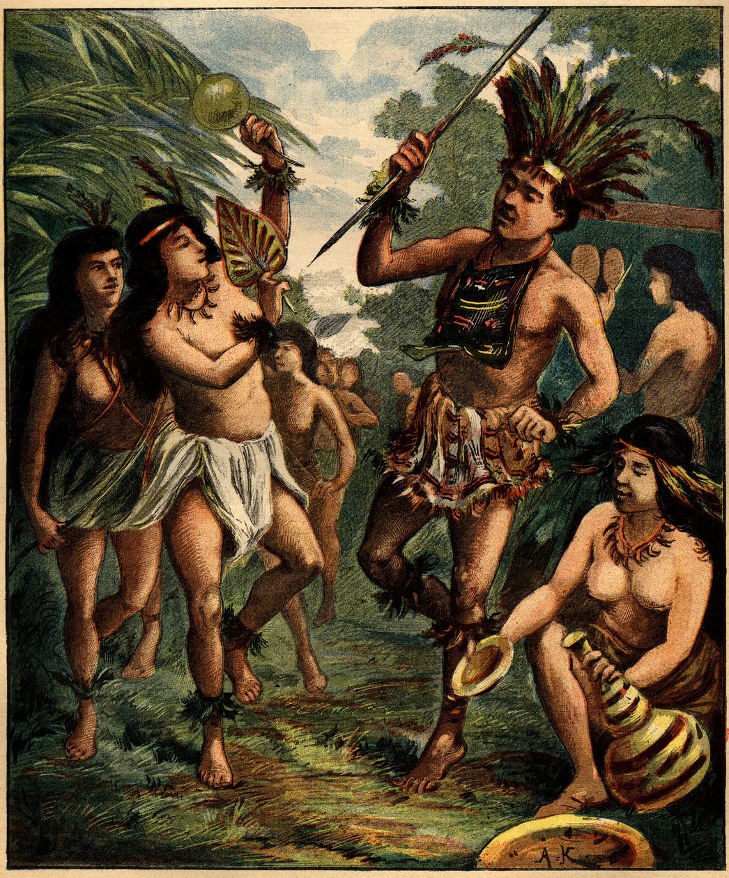 Roucouyan-intiaanien tanssi Karibialla. Kaiverrus "" La Terre Illustree" -julkaisussa nro 77, 21. huhtikuuta 1892. tekijältä French School