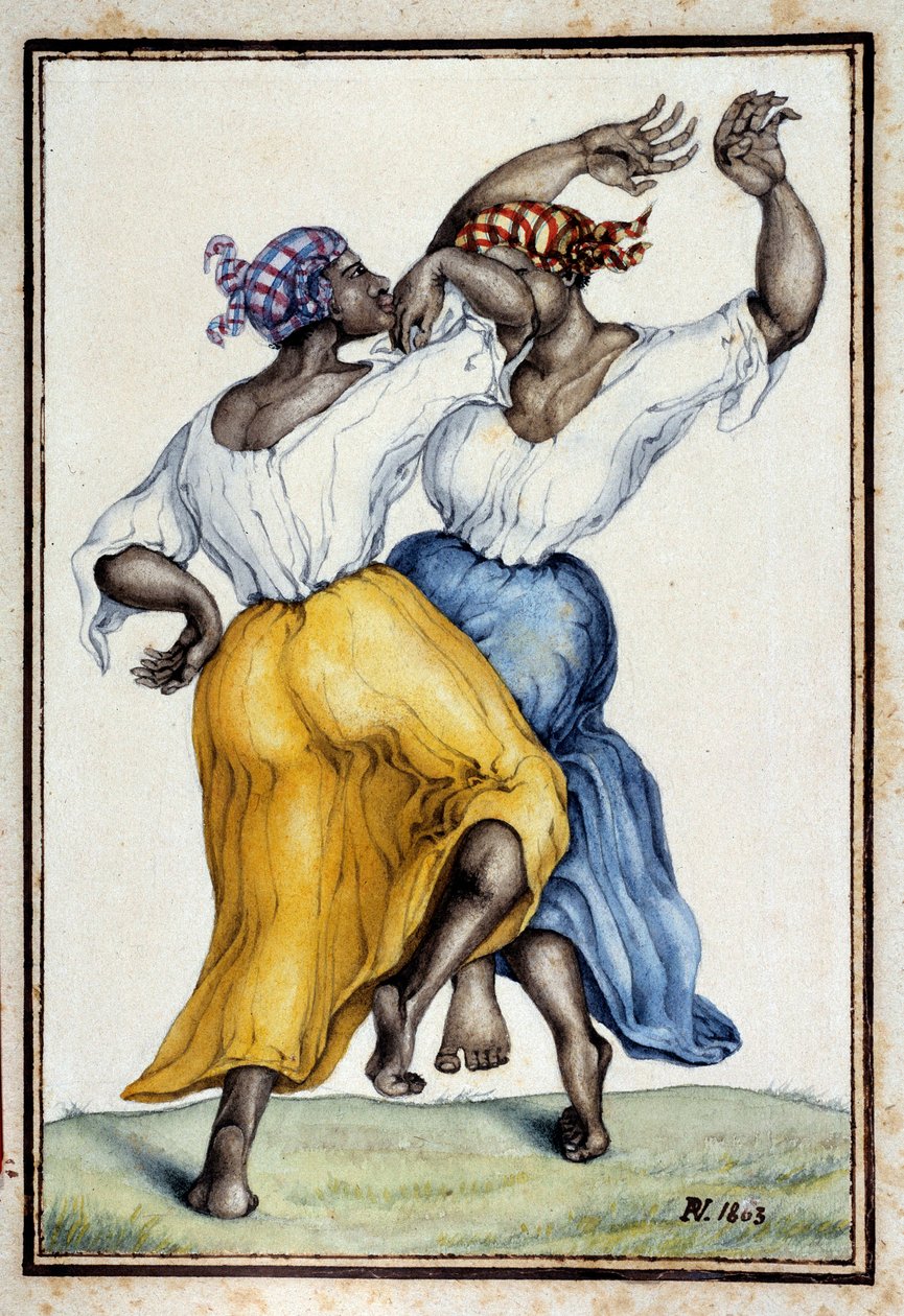Tanssijat Antilleilla. Kaiverrus 1800-luvulta. Chartres, Musee des Beaux Arts tekijältä French School