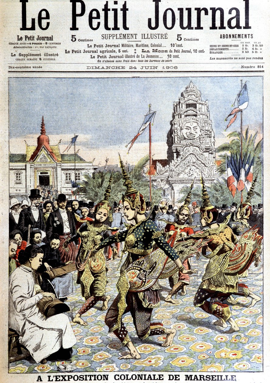 Kuningas Sisowathin tanssijat esittävät nymfien tanssia metsässä Marseillen siirtomaanäyttelyssä. "" Le petit journal" -lehdessä, 24.6.1906 (kaiverrus) tekijältä French School