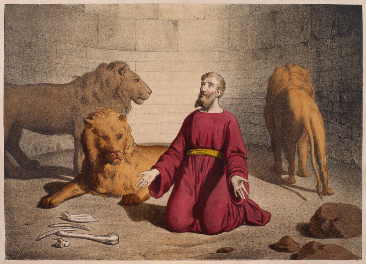 Daniel leijonien luolassa, kuvitus katekismuksesta LHistoire Sainte, julkaisija Charles Delagrave, Pariisi, 1800-luvun loppu tekijältä French School