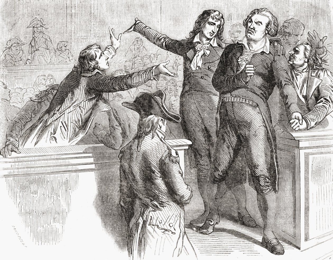 Danton ja Desmoulins puolustavat itseään konventissa 30. maaliskuuta 1794 Louis Blancin (1811-82) 1847-62 "Histoire de la Revolution Francaisesta" tekijältä French School