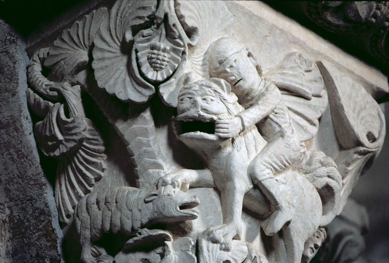 David Slaying the Lion (yksityiskohta isosta) n.1130 (kivi) tekijältä French School