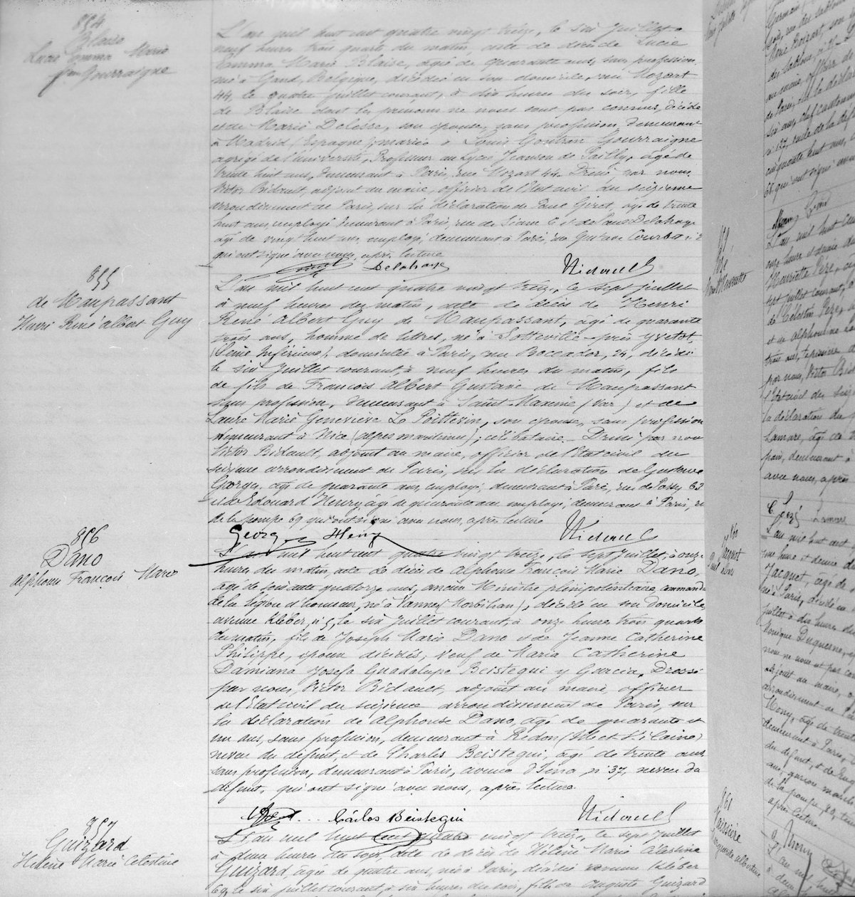 Guy de Maupassantin (1850-93) kuolintodistus 7. heinäkuuta 1893 (kynä ja muste paperille) (yksityiskohta) (katso myös 199747) tekijältä French School