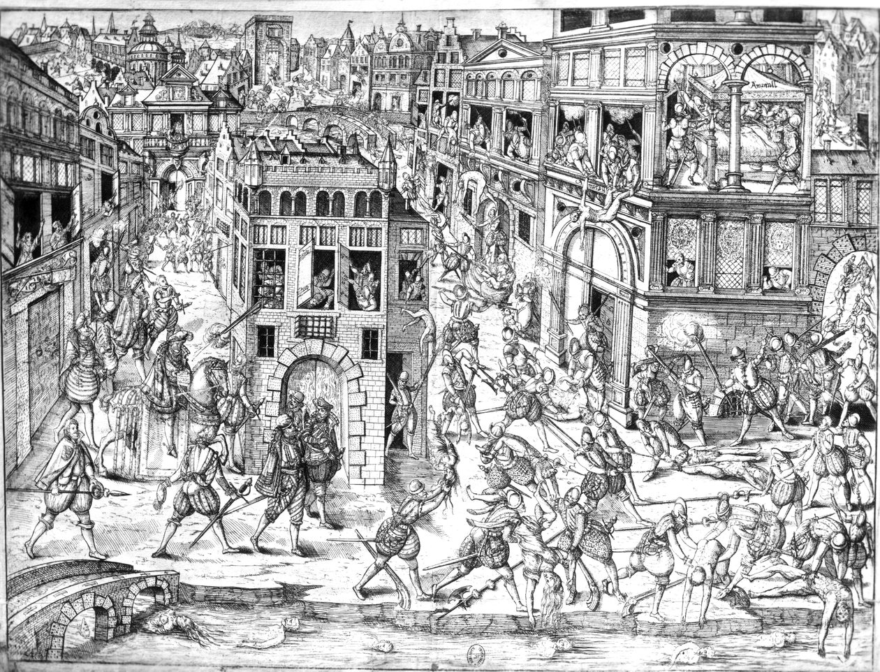 Amiraali Gaspard II de Coligny (1519-72) kuoli Pyhän Bartolomeuksen verilöylyn aikaan vuonna 1572 tekijältä French School