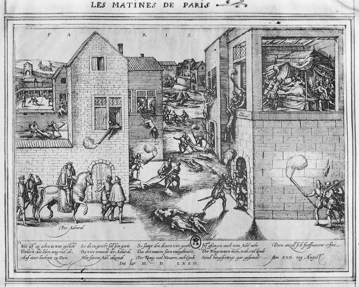 Amiraali Gaspard II de Coligny (1519-72) kuoli Pyhän Bartolomeuksen verilöylyn aikaan vuonna 1572 (katso värit 187818) tekijältä French School
