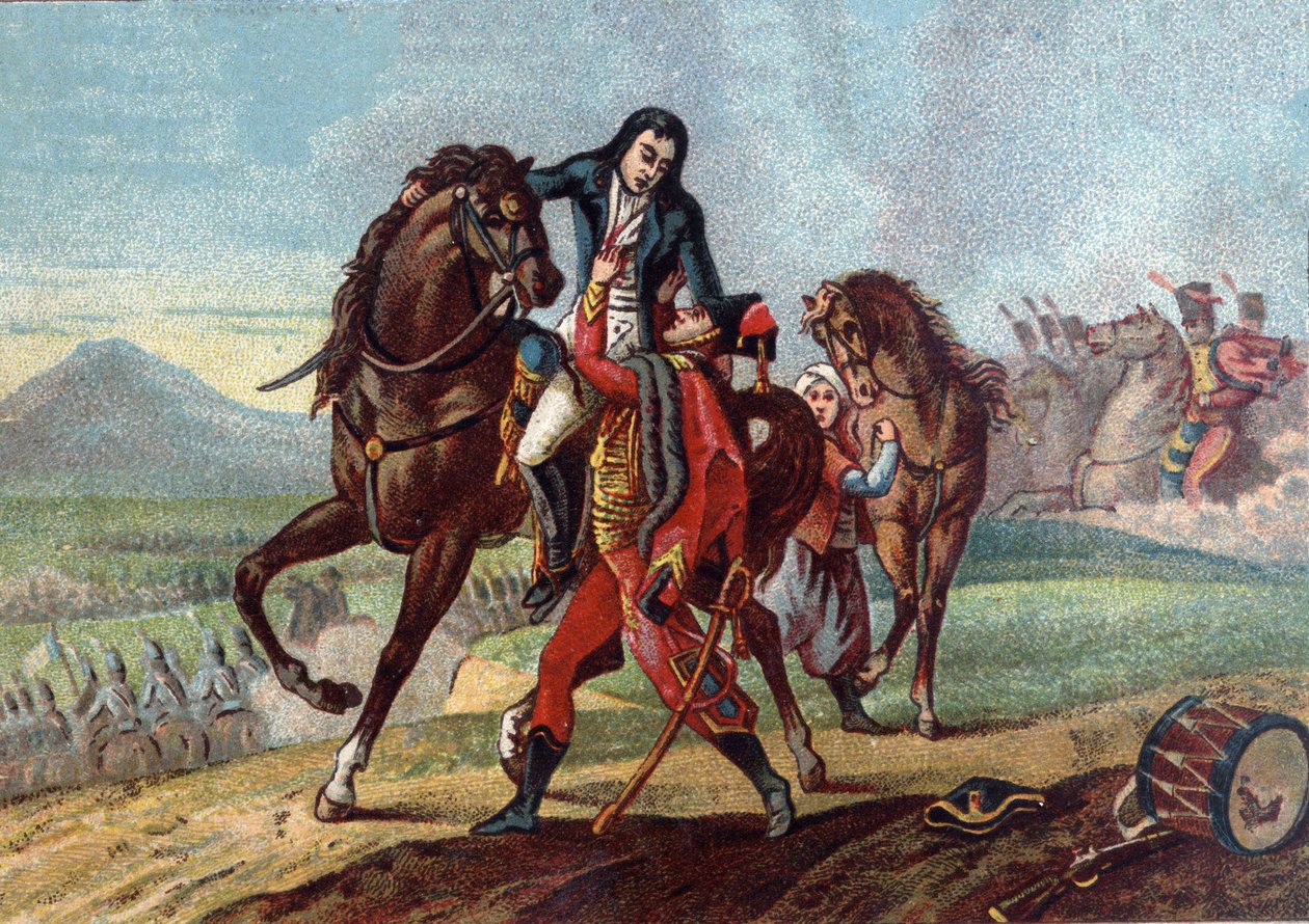 Kenraali Charles Antoine Desaix de Veygoux (1768-1800) kuoli konsuli Lebrunin pojan käsissä Marengon taistelussa tekijältä French School