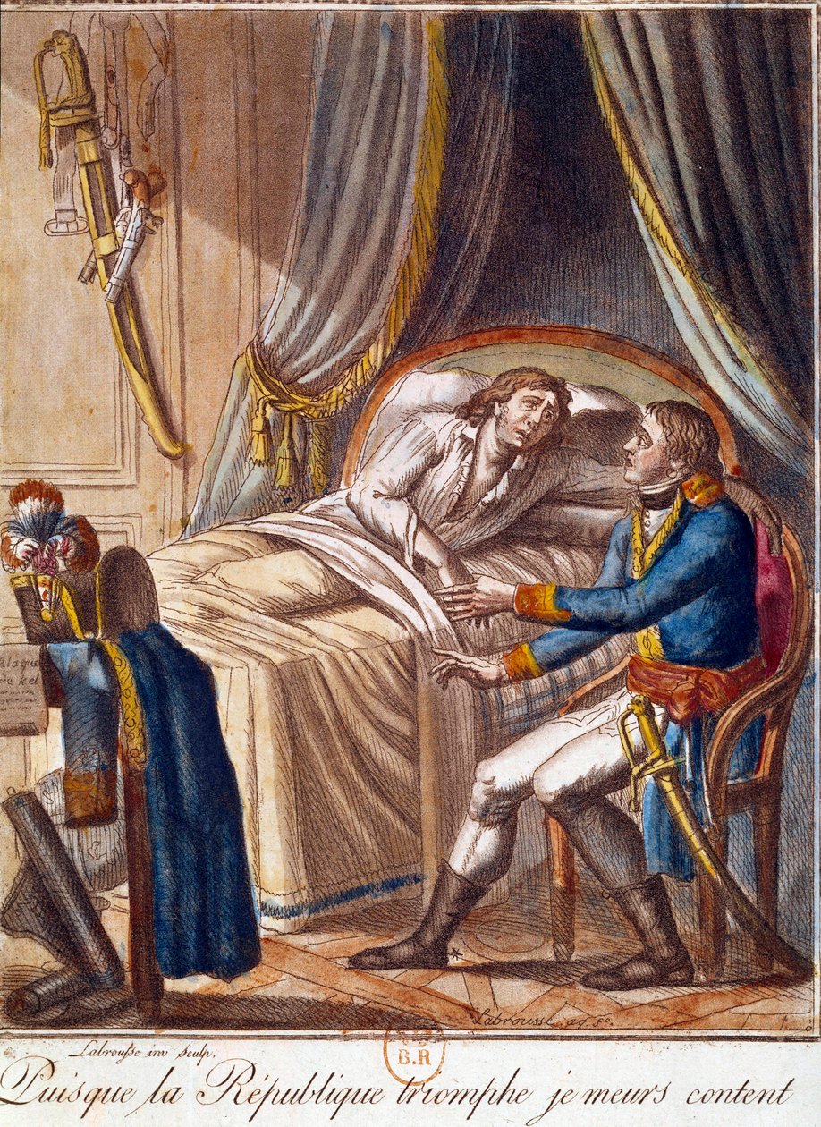Kenraali Hochen kuolema 17. syyskuuta 1797: "Koska tasavalta voittaa, kuolen tyytyväisenä" Kaiverrus 1700-luvulta Yksityiskokoelma tekijältä French School