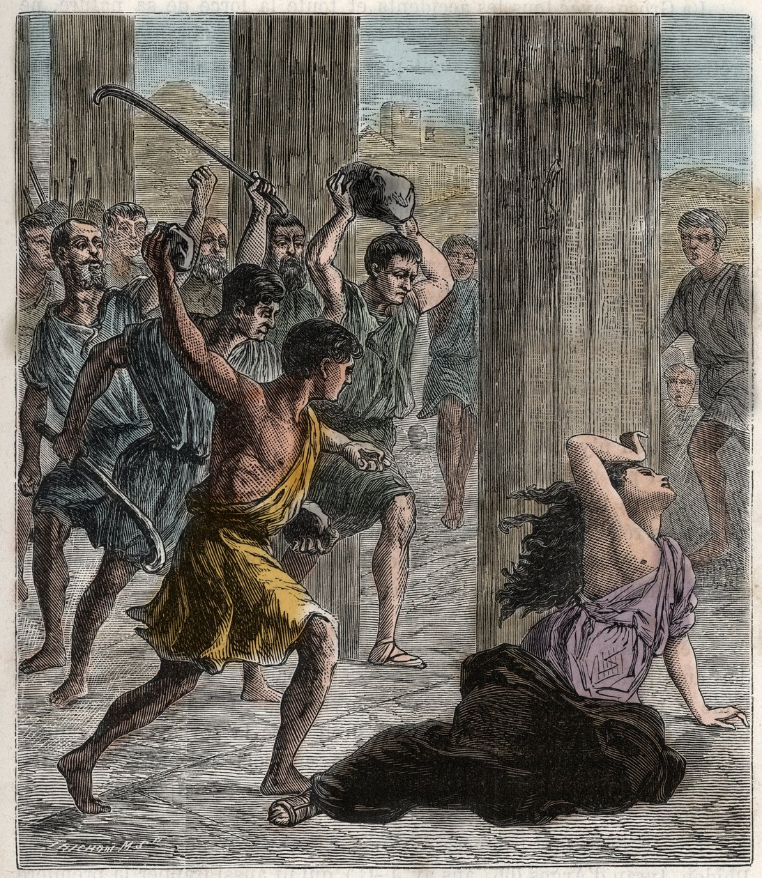 Hypatian kuolema - Hypatian (c370-415) naismatemaatikon ja filosofin (uusplatonistin), jonka Aleksandrian patriarkan Kyrilin seuraajat murhasivat - Hypatian (Hypatian) kuolema - Kaiverrus "" Kaikkien ulottuville tulleet tieteet - fysiikka ja kemia" b tekijältä French School