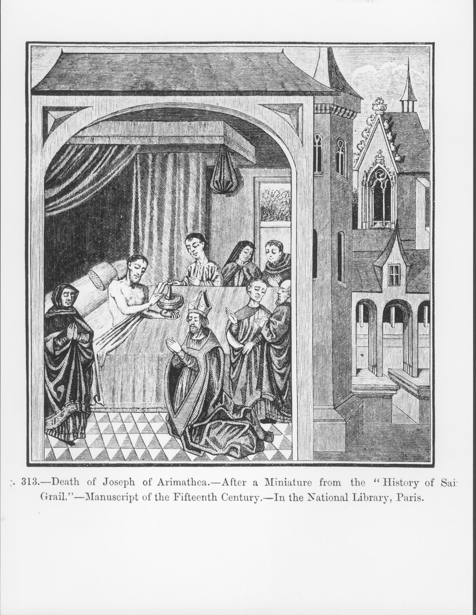 Joseph Arimathealaisen kuolema, Saint Graalin historiasta, kuvitus tieteestä ja kirjallisuudesta keskiajalla ja renessanssilla, kirjoittanut ja kaivertanut Paul Lacroix, 1878 ( tekijältä French School