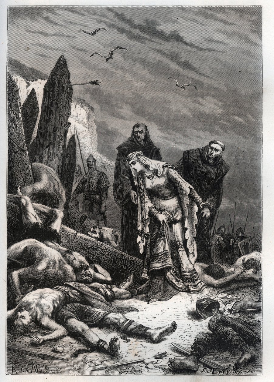 Kuningas Harold II:n (1022-1066) kuolema Hastingsin taistelussa vuonna 1066 - Edith Swannesha (Swanneck), joka tunnetaan nimellä Edith la Juste (1025-1086), löytää aviomiehensä Ealdgythin (Edith the Fair tai Edith Swanneschal) ruumiin , löytää Harold Godwi tekijältä French School