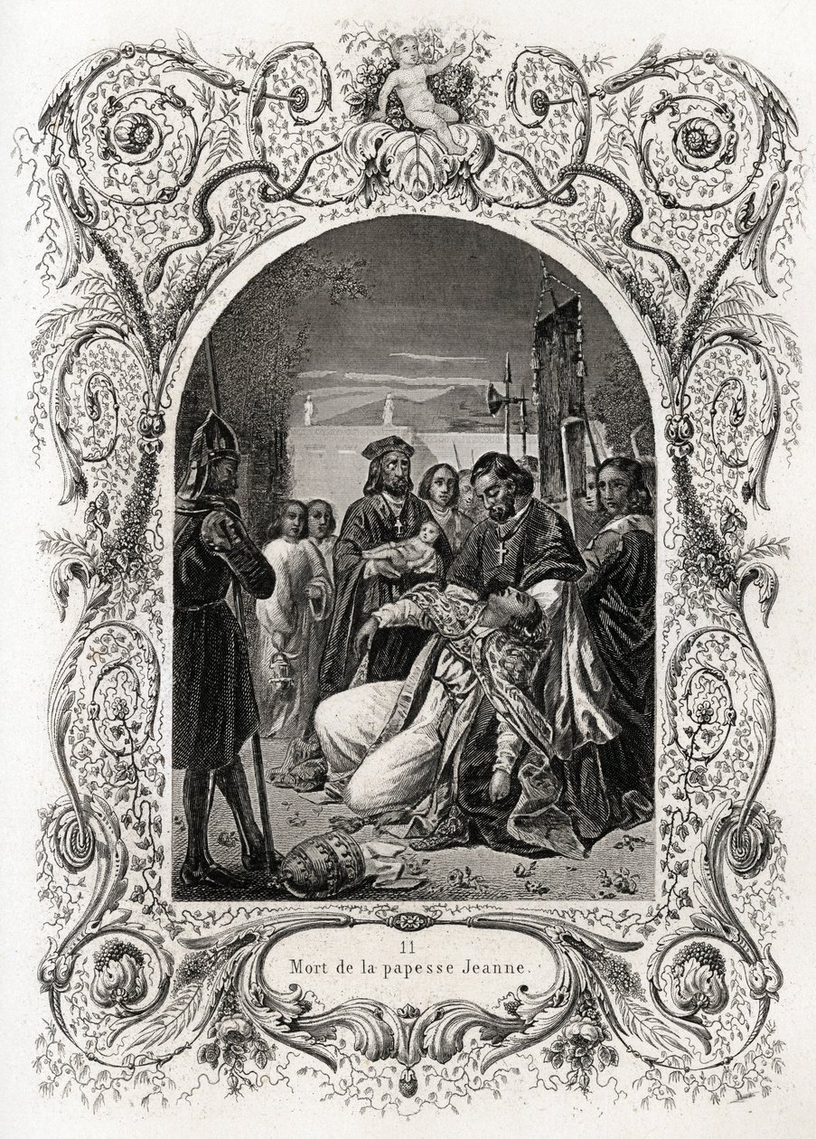 Paavi Jeannen kuolema (paavin virka-aika 855-858). Kaiverrus kuvittaa Maurice Lachatre (1814-1900) Histoire des papeja, librairie du progres, Pariisi. tekijältä French School