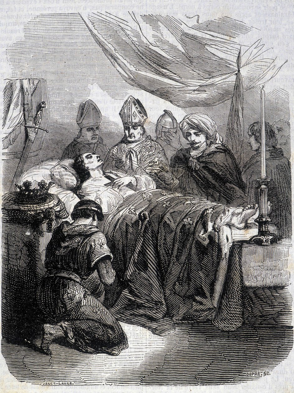 Saint Louisin kuolema Palestiinassa vuonna 1270 - "" Histoire de France" -kirjassa L.-P. Anquetil tekijältä French School