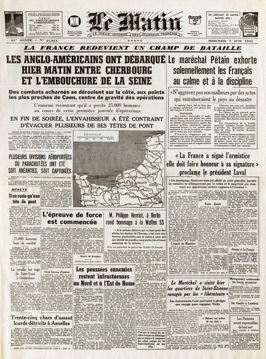 Normandian maihinnousu kesäkuu 1944 - Normandian maihinnousu 6. kesäkuuta 1944 (D-päivä) - Aamulla, torstaina 7. kesäkuuta 1944, angloamerikkalaiset lähtivät eilen aamulla Cherbourgin ja Seinen suulta tekijältä French School