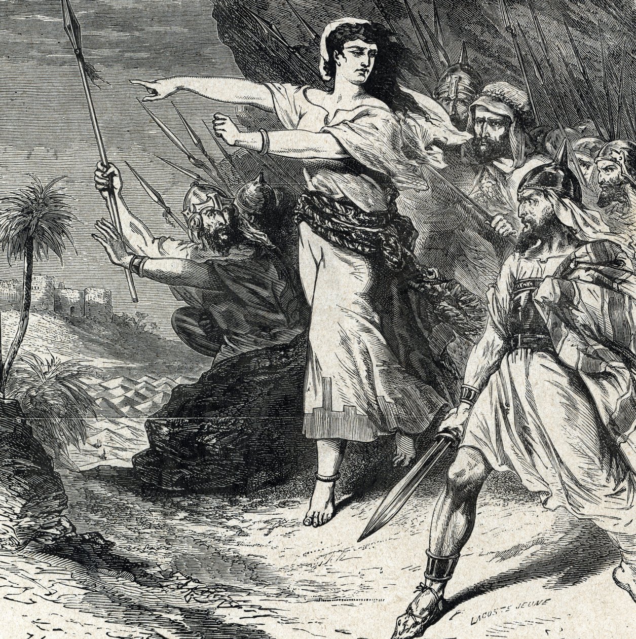 Debora johdattaa Jabinin, Kanaanin kuninkaan, sortamaa Israelin kansaa taistelemaan. Kaiverrus "Pyhästä historiasta", Lahure 1800-luvun yksityiskokoelmasta tekijältä French School