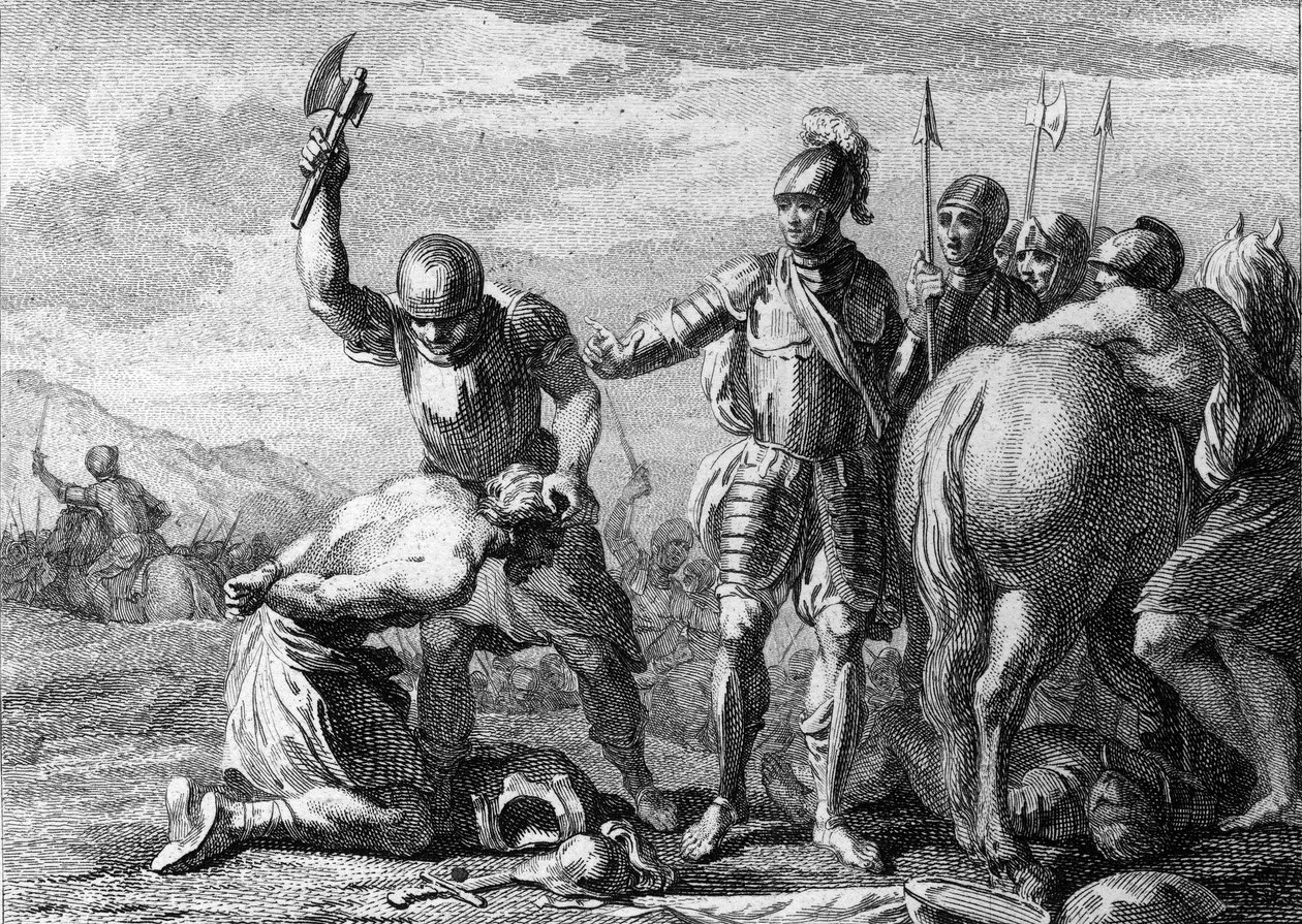 Syagriuksen katkaisu, 486: Rooman kenraali Siagriuksen (430-486) teloitus, jonka Clovis 1:n joukot voittivat Soissonsin taistelussa. Kaiverrus 1700-luvulta. tekijältä French School