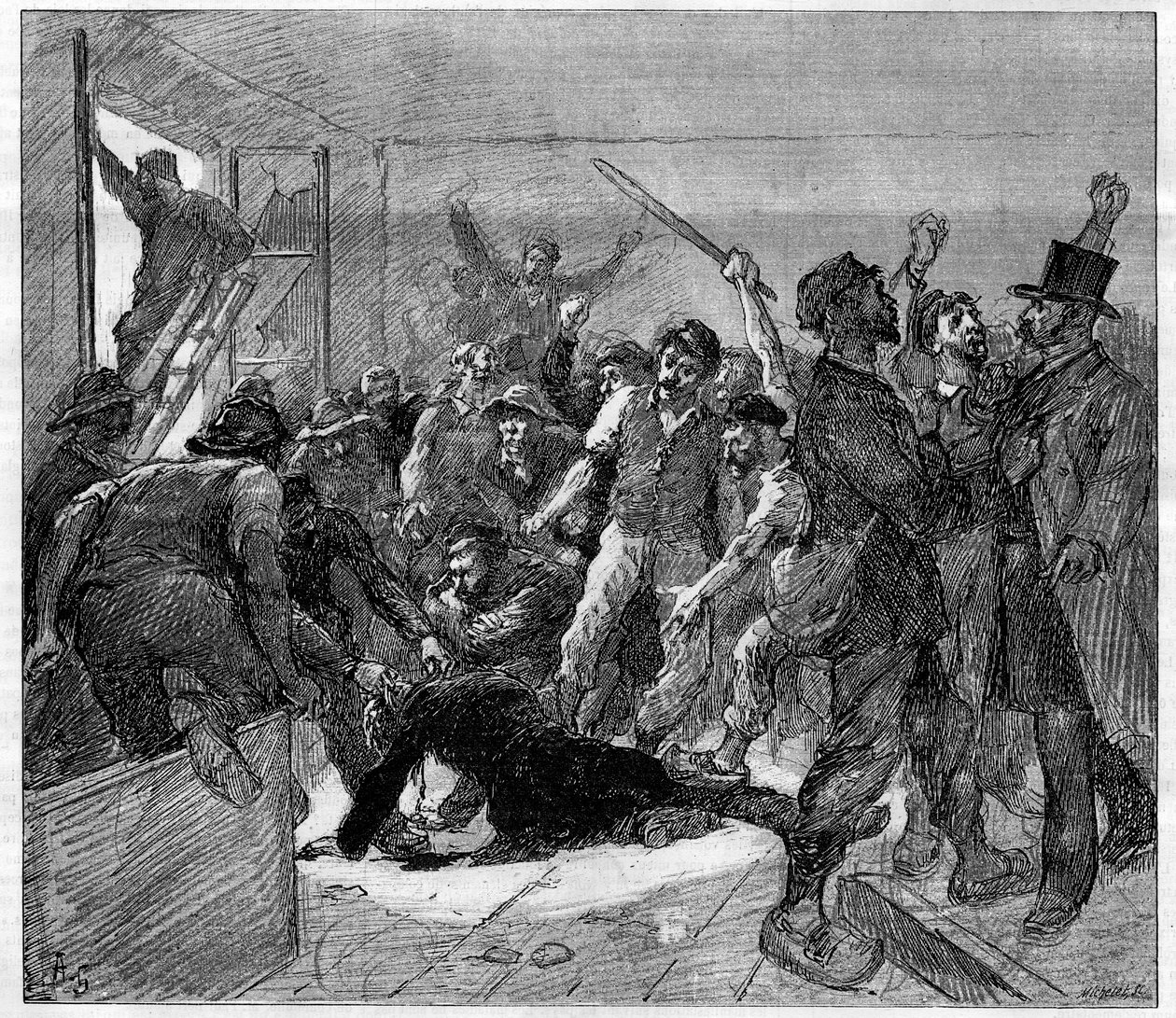 Decazevillen (Aveyron) kaivostyöntekijät lakkoivat vuonna 1886: Grevistit murhasivat insinööri Watrinin. Kaiverrus kirjassa "" Le Monde Illustré", 6. helmikuuta 1886. tekijältä French School