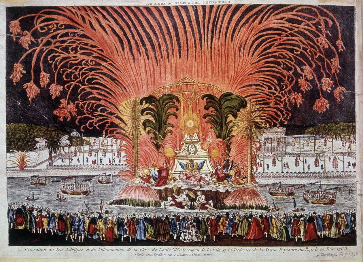 Ilotulitusten koristelu ja Place de Louis XV -aukion valaistus rauhan ja kuninkaan ratsastuspatsaan vihkimisen kunniaksi 22. kesäkuuta 1763 tekijältä French School
