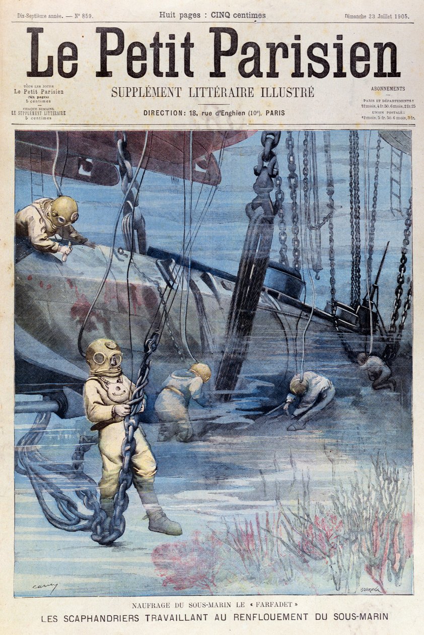 Syvänmeren sukeltajat yrittävät nostaa Farfadetia, Le Petit Parisienista, 23. heinäkuuta 1905 tekijältä French School