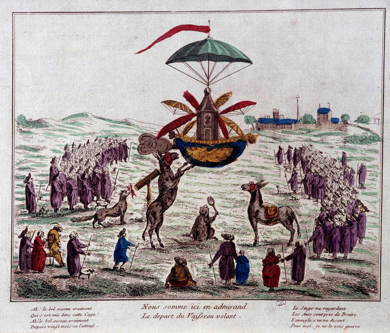 Satiirilla lentävä laiva lähtee Jean-Pierre Blanchardin (1753-1809) kuvittelemalla lentävällä koneella: aasit, apinat ja sokeat katsovat outoa konetta, joka on varustettu kuudella siivellä ja peräsimellä. Kaiverrus 1700-luvun lopulta. Pariisi, Musee Carn tekijältä French School
