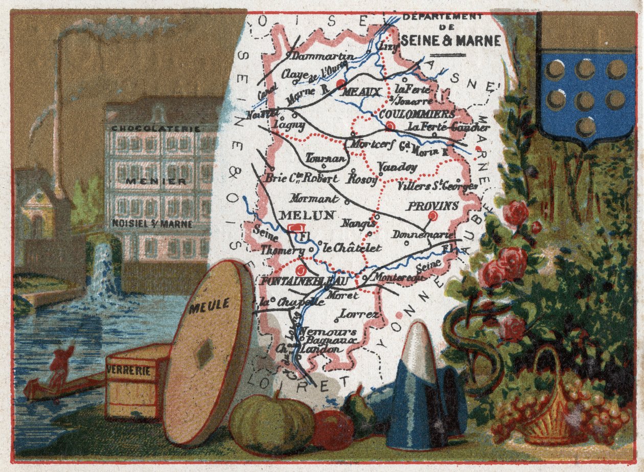 Seinen ja Marnen departementti (Seine-Et-Marne, 77), Ile de France (Ile-De-France), Ranska. Paikallinen erikoisuus: suklaatehdas Menier chocolaterie Noisiel sur Marnessa (Noisiel-sur-Marne), lasitavarat, myllykivi. Sarja Ranskan departementeista. Chromolit tekijältä French School
