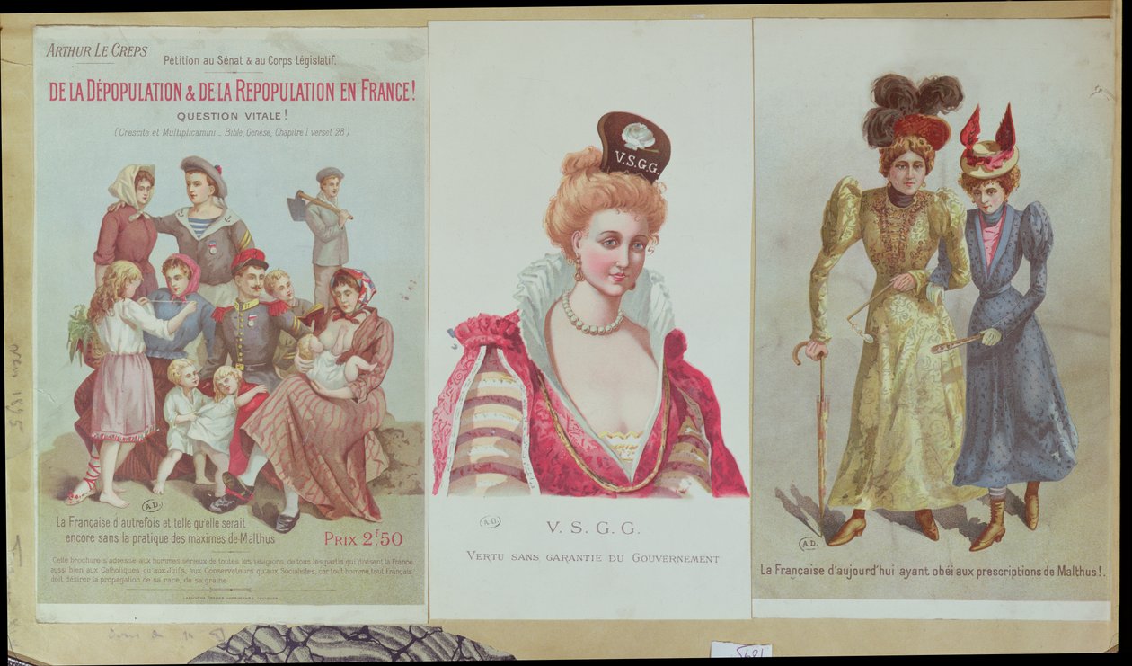 Depopulation and Repopulation in France, Arthur Le Crepsin kirjanen malthusianismia vastaan, 1895 (värikaiverrus) tekijältä French School