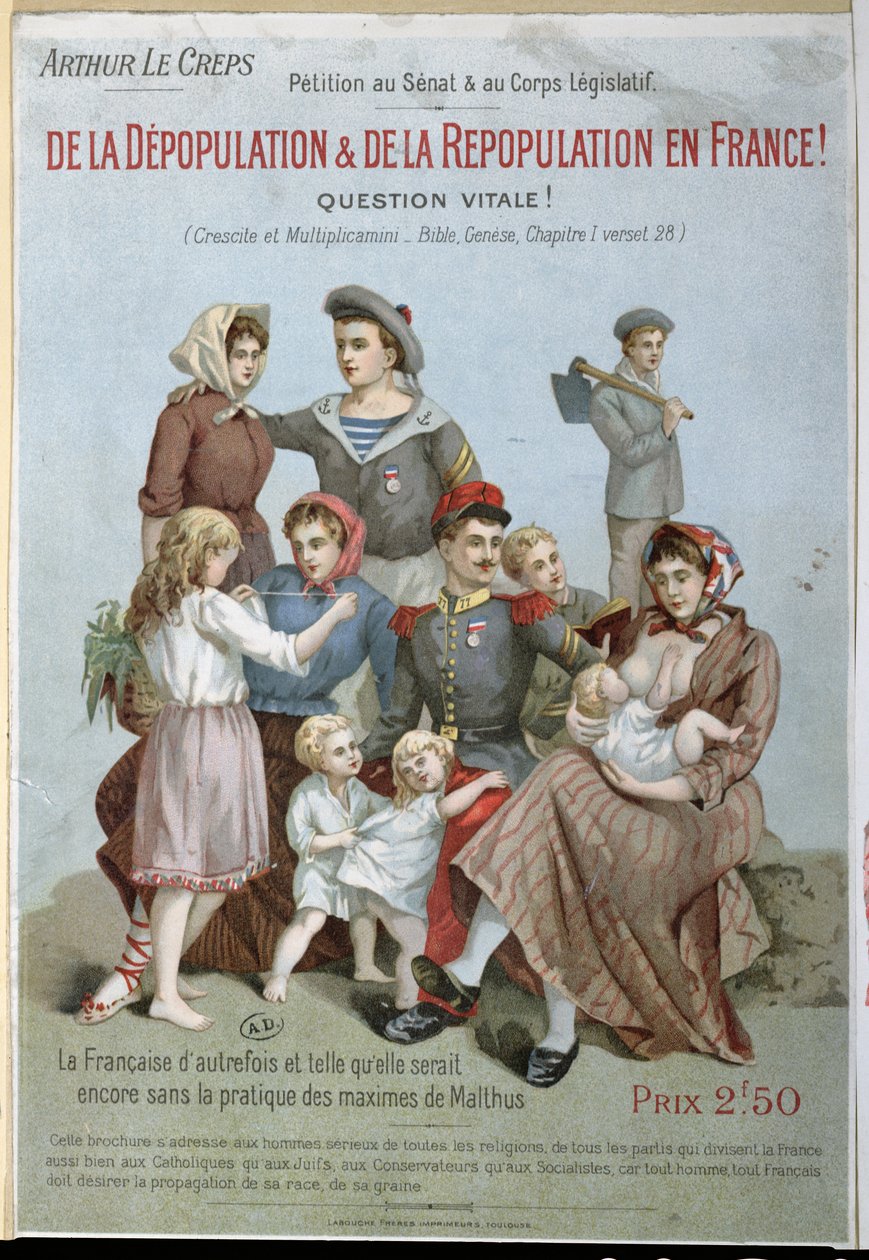 Depopulation and Repopulation in France, Arthur Le Crepsin kirjanen malthusianismia vastaan, 1895 (värikaiverrus) tekijältä French School