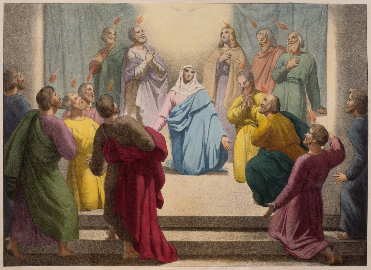 Pyhän Hengen laskeutuminen, kuvitus katekisuksesta LHistoire Sainte, julkaisija Charles Delagrave, Pariisi, 1800-luvun loppu tekijältä French School