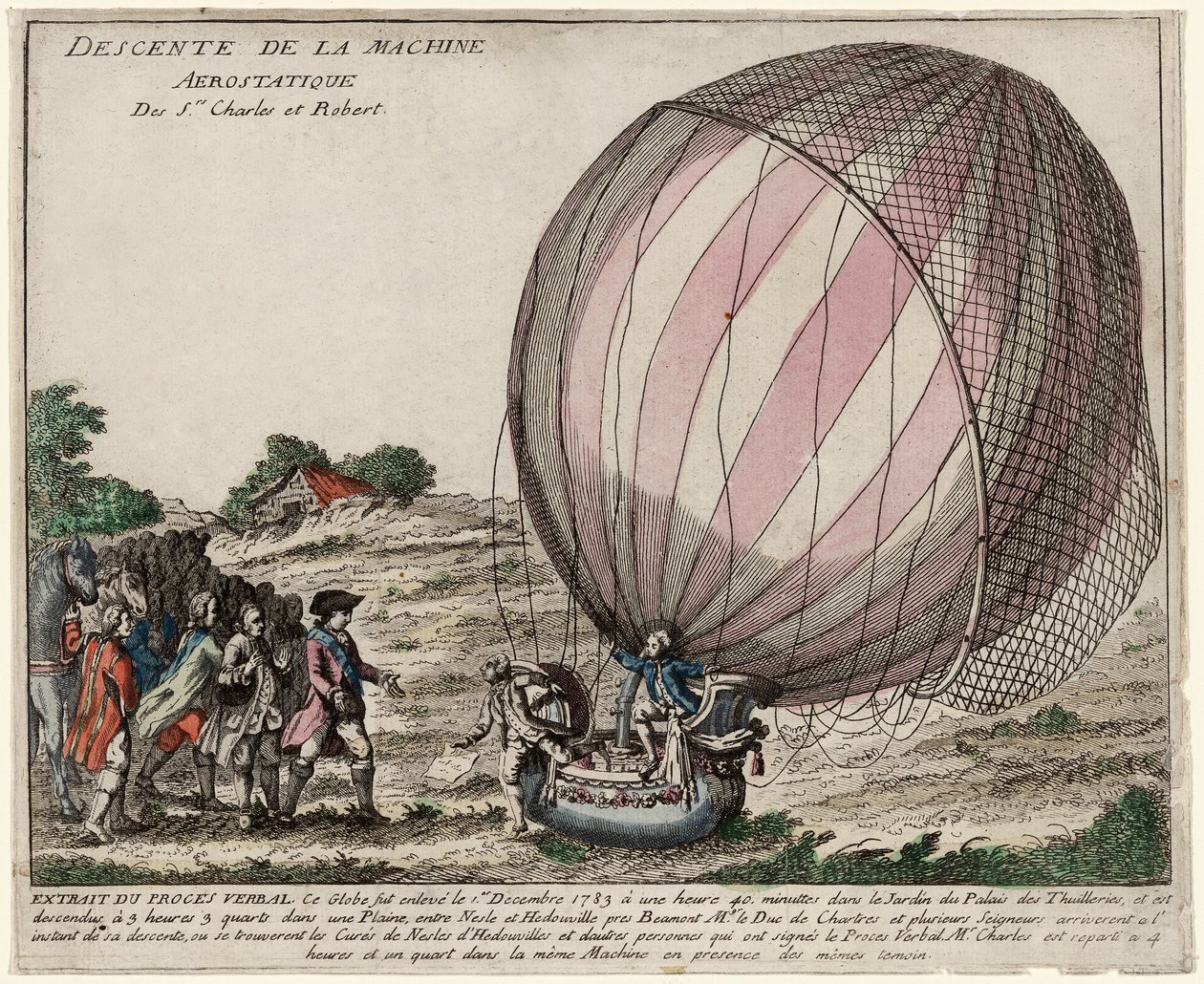 Srs:n aerostaattisen koneen laskeutuminen Charles ja Robert, pubi. 1783 (käsinvärinen kaiverrus) tekijältä French School