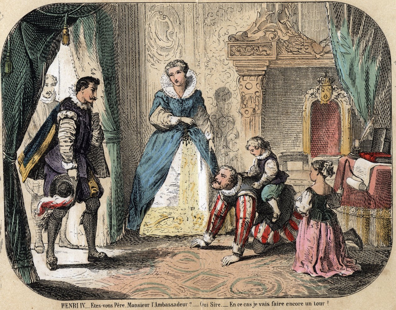 Kuvaus lasten vapaa-ajasta ja leikistä: Ranskan kuningas Henrik IV (1553-1610) leikkii lastensa (luultavasti Ludvig XIII ja Ranskan Elisabeth) kanssa Espanjan suurlähettilään edessä. Mediciksen kuningatar Maria on paikalla. Levy "" les jeux de l